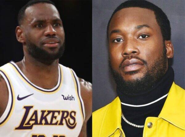 Side-by-side portraits: NBA star LeBron James in a Lakers jersey on the left and musician Kanye West in a bright yellow jacket on the right