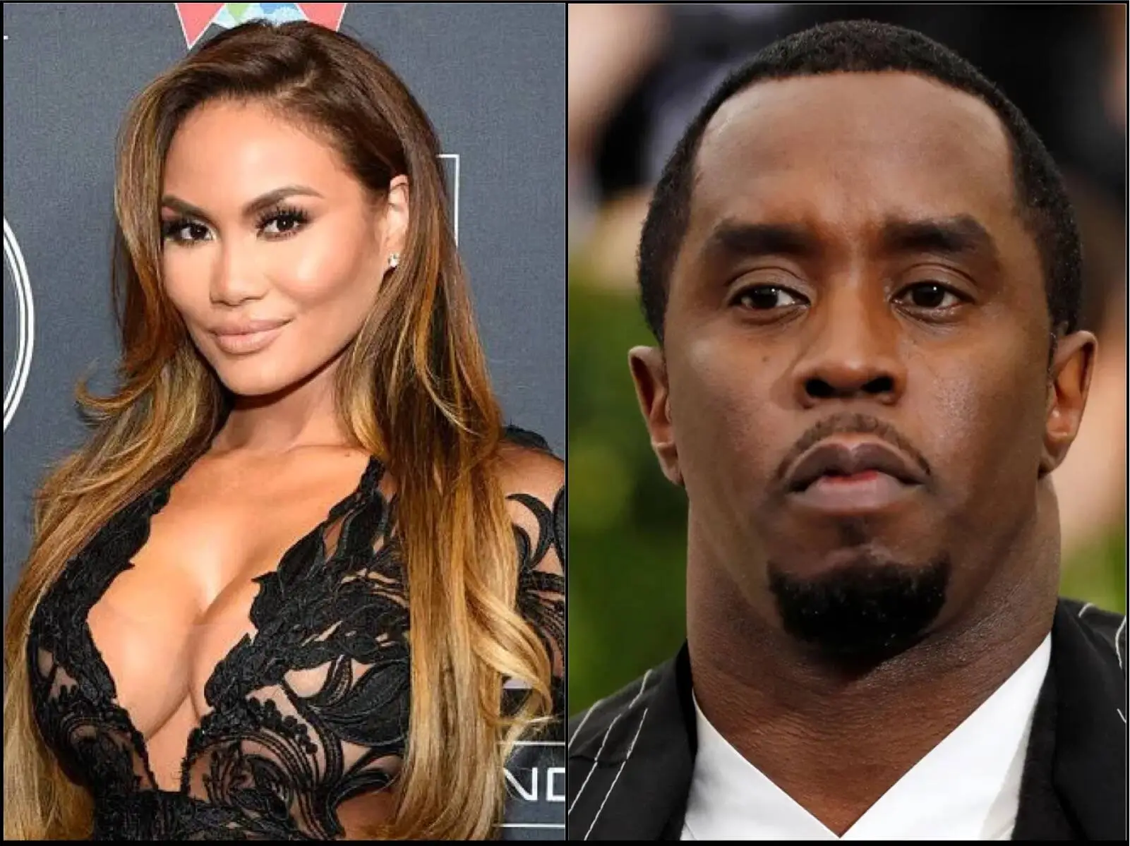 Split image: left woman in black lace dress posing on red carpet; right man in suit looking serious.