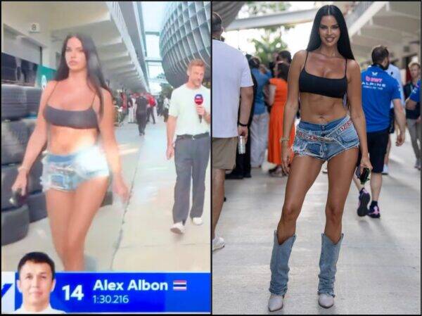 Woman in gray sports bra and cut-off denim shorts walking outside a venue with a camera crew nearby; split-screen with a reporter in the left panel and a model in a black crop top on the right panel.