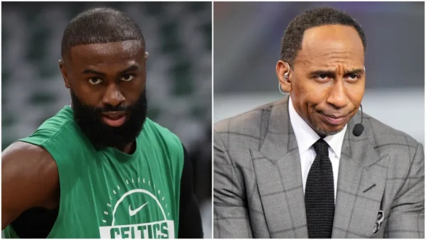 Left: a muscular basketball player wearing a green Celtics practice shirt, looking intently at the camera. Right: a sports commentator in a gray suit with a headset microphone, making a skeptical expression.