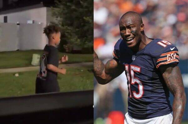 Left: a young boy running in a suburban yard with a backpack; right: an NFL player in a Bears jersey celebrating on the field.