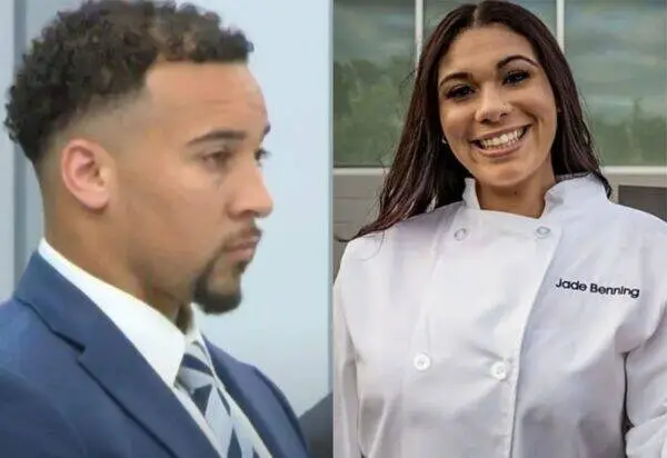 Split image: man in a navy suit on the left and a smiling woman in a white chef coat named Jade Benning on the right