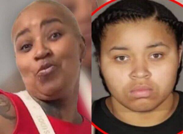 Split image showing two individuals: left a woman in a red top making a puckered lips gesture; right a young person with braided hair and a neutral expression.