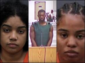 Triptych mugshot collage: left a young woman with curly hair, middle a man in a courtroom stand, right a close-up of another man.