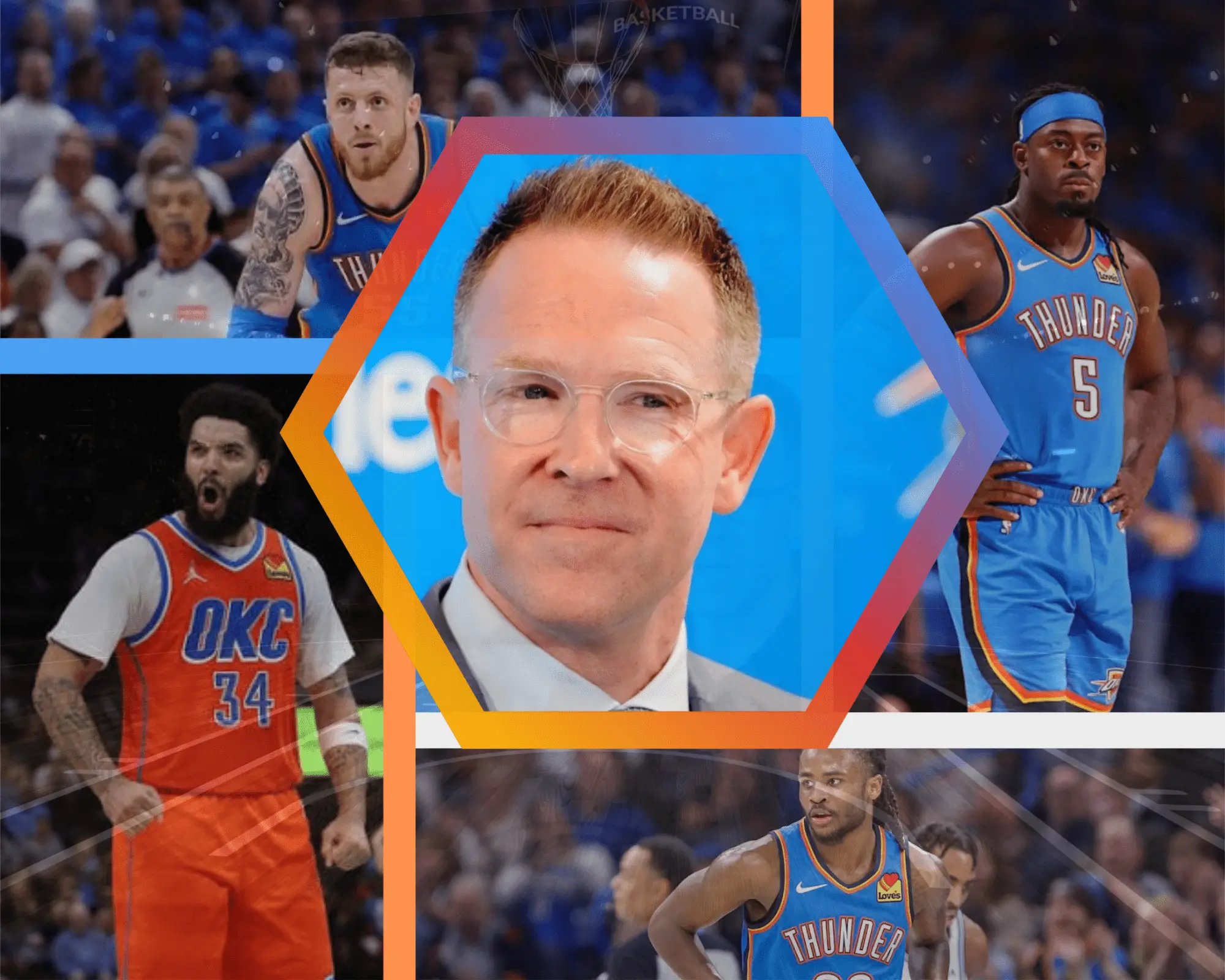 Collage of OKC Thunder players surrounding a central portrait, overlaid with orange and blue hexagonal shapes.
