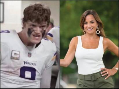 Two-panel collage: left shows a Vikings football player with black face paint; right shows a smiling woman in a white tank top outdoors.