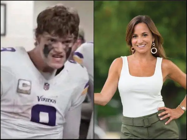 Two-panel collage: left shows a Vikings football player with black face paint; right shows a smiling woman in a white tank top outdoors.