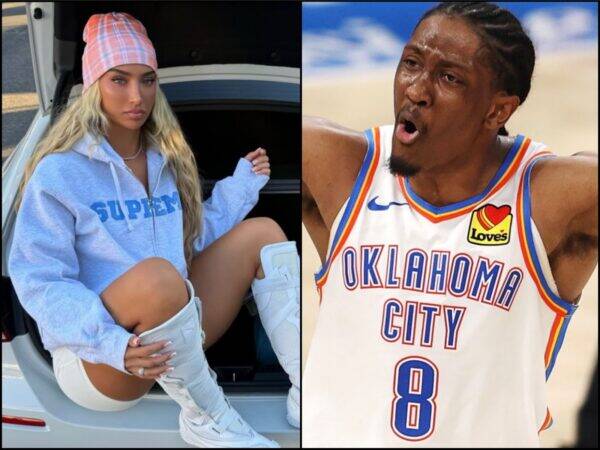 Left: blonde woman in a pink plaid beanie and light blue hoodie sits in the open trunk of a car, wearing white sneakers. Right: basketball player in an Oklahoma City Thunder jersey celebrates with mouth open.