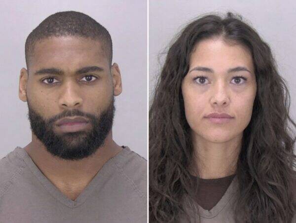 Side-by-side mugshots: a man with short hair and beard on the left, and a woman with long wavy hair on the right, both in gray prison uniforms.