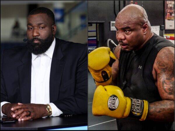 Two men side by side: left, a bearded man in a suit with a headset; right, a muscular boxer wearing yellow gloves in a gym.