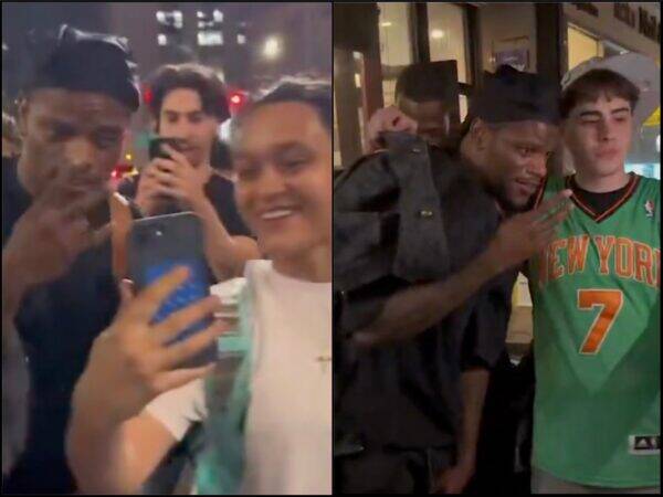 Split-screen: left panel shows three friends taking a selfie on a lit city street at night; foreground man holds a phone toward the camera. Right panel shows a man in a green New York basketball jersey (number 7) posing with other people nearby at night outside a building.