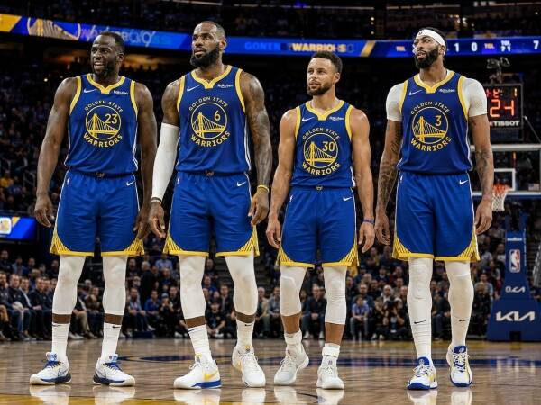 Four Golden State Warriors players stand side by side on the basketball court before a game, wearing blue and yellow uniforms with numbers 23, 6, 30, and 3.