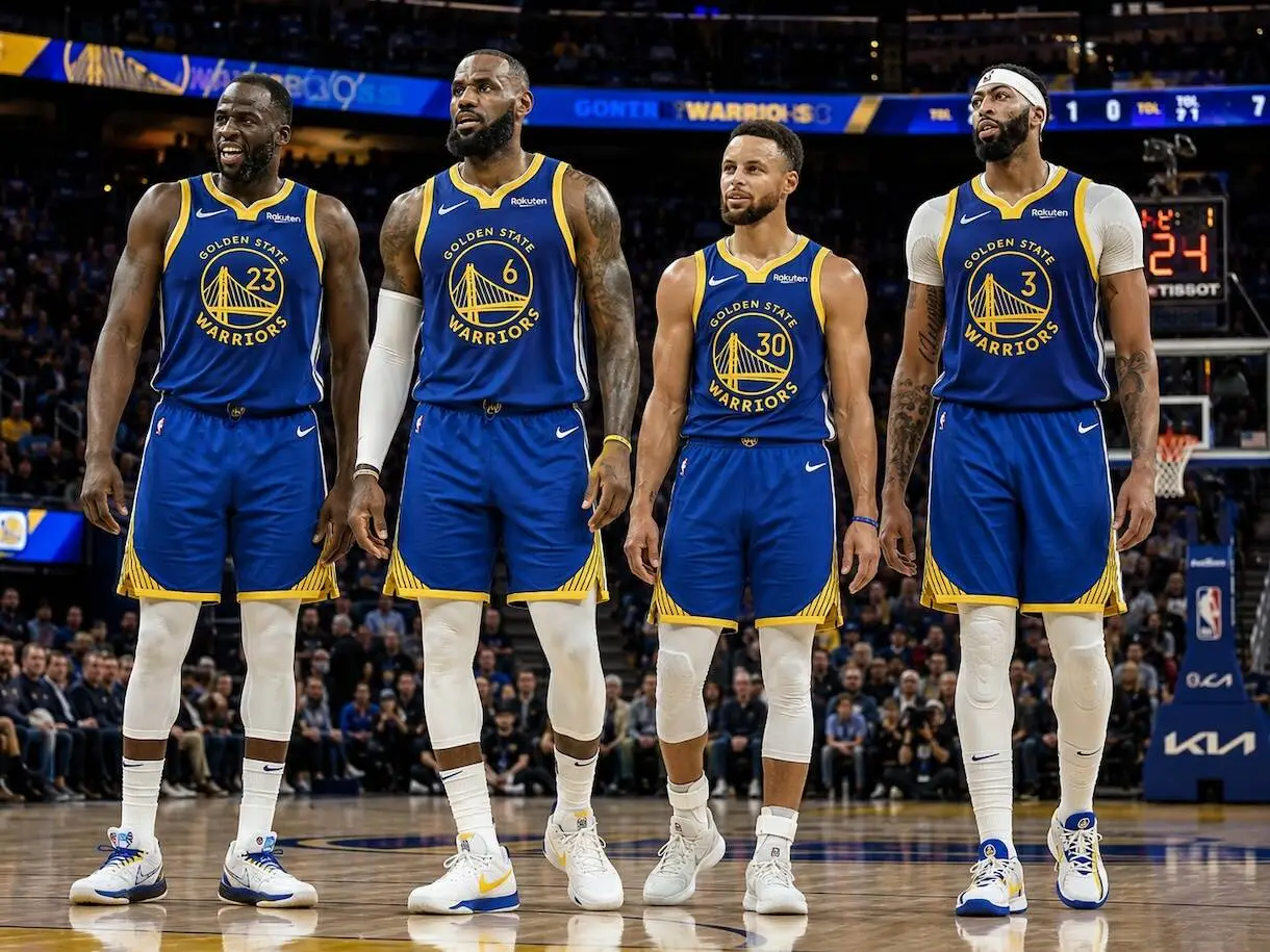 Four Golden State Warriors players stand side by side on the basketball court before a game, wearing blue and yellow uniforms with numbers 23, 6, 30, and 3.