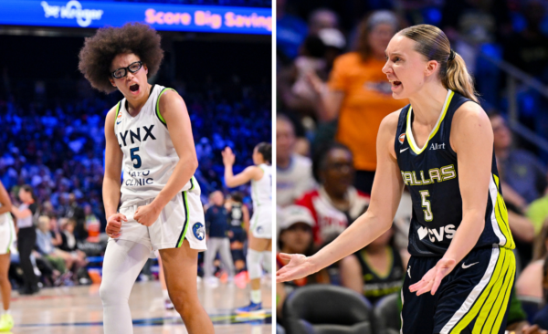 Split image of two women's basketball players in action: left in a white Minnesota Lynx jersey #5, shouting; right in a navy Dallas jersey #5, gesturing angrily as fans watch.