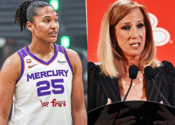 Split image: left shows a female basketball player in a white and purple Mercy jersey #25 on a court; right shows a woman speaking at a podium with two microphones against a red backdrop.