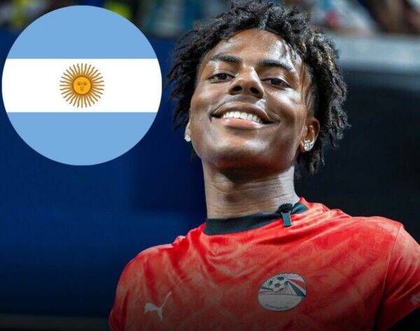 Smiling Black female athlete in a red jersey, with the Argentina flag graphic overlayed on the left side of the image.