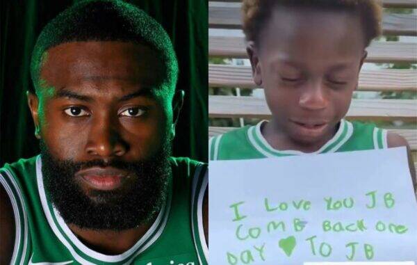 Split image: left a close-up of a man with a beard in a green jersey; right a boy in a green jersey holding a sign that reads, "I love you JB, come back one day to JB."