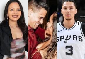 Collage of three people: a smiling woman in a leather jacket on the left, a couple leaning in for a kiss in the center, and a San Antonio Spurs basketball player wearing number 3 on the right