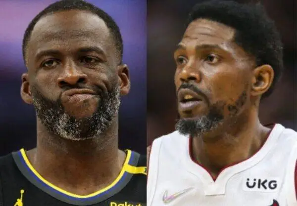 Side-by-side close-up of two male basketball players, one in a black jersey with yellow trim and the other in a white jersey with red trim, both looking off-camera.