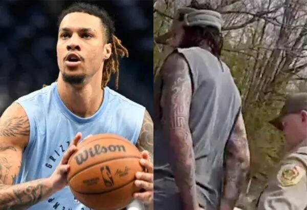 Left: a muscular basketball player with dreadlocks holding a Wilson basketball; right: a tattooed man in a gray sleeveless shirt talking with a uniformed soldier outdoors.