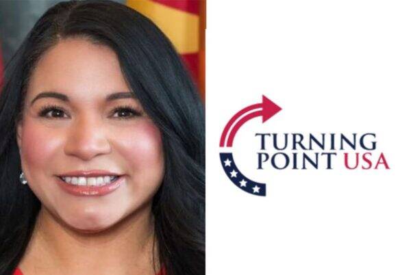 Smiling woman with dark hair beside a Turning Point USA logo on the right side of the image.