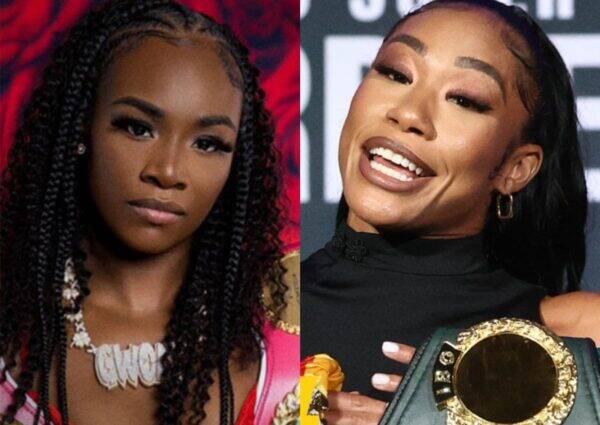 Split image: left—young woman with long box braids in pink, wearing a large white necklace; right—smiling woman with dark hair holding a gold championship belt.