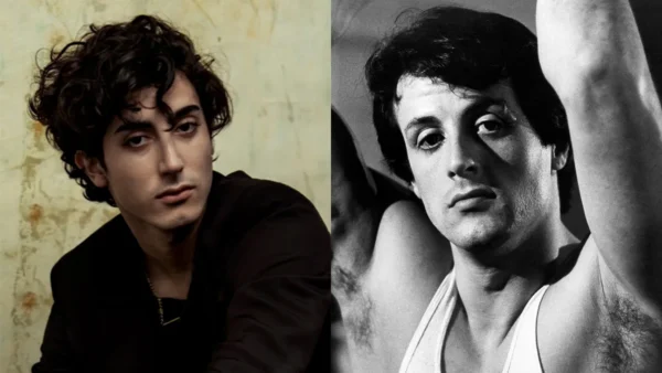Left: young man with dark, curly hair and a black shirt, looking toward the camera. Right: black-and-white portrait of a man in a white tank top with his arm raised, gazing forward.