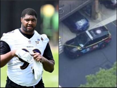 Male football player in a white Baltimore Ravens practice jersey, holding gloves. On the right, a vehicle is partially submerged in water near a building, viewed from above.