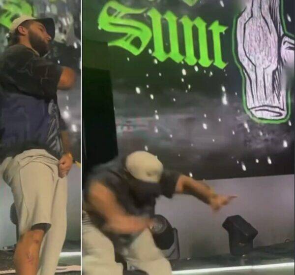 Two-panel street scene: left — man wearing a cap and dark shirt stands with a clenched fist; right — another man in a light cap lunges, arm extended, against a graffiti backdrop reading 'Saint'.