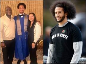 Left panel shows a graduate in a blue gown and cap flanked by a man and woman in casual attire. Right panel shows a man with a large afro wearing a black 'KUNTA KINTE' T‑shirt outdoors.