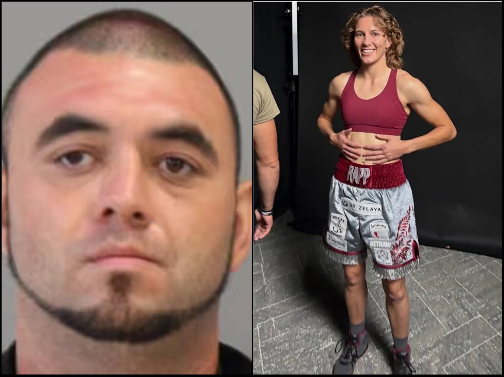 Split image: left close-up of a man's face with facial hair; right athletic woman in maroon sports bra and silver shorts posing with hands on her abdomen.
