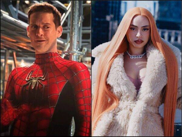 Left: man in a red Spider-Man suit in a workshop; right: woman with long orange hair in a fluffy white coat outdoors.