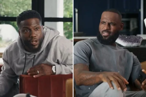 Split-screen: left man in a gray hoodie speaks, right man with a beard listens in a kitchen setup.