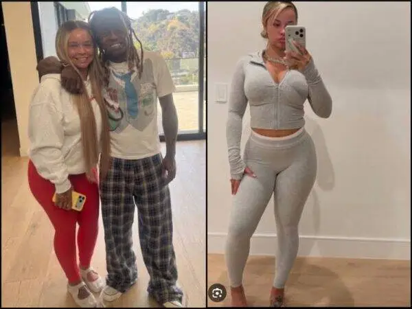 Split image: left shows a smiling woman in red leggings with a man in plaid pants; right shows a woman in gray athleisure taking a mirror selfie.