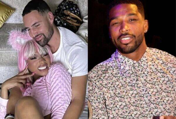 Split image: left shows a couple cuddling on a couch—woman with pink wig and fluffy ears, man smiling beside her; right shows a man in a pink floral shirt in low light.