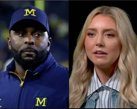 Side-by-side image: a Black man in a navy Michigan cap and jacket on the left, and a blonde woman in a striped shirt speaking on the right.