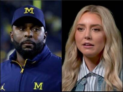 Side-by-side image: a Black man in a navy Michigan cap and jacket on the left, and a blonde woman in a striped shirt speaking on the right.