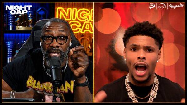 Split-screen showing a podcast host on the left, speaking into a mic with glasses and AirPods, NightCap signage in the background; right panel features a young man shouting, wearing a heavy chain necklace and earrings in a warm red backdrop.