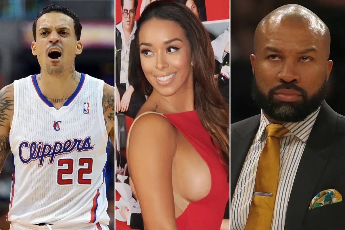 Collage of three people: left, basketball player in a Clippers jersey shouting; center, smiling woman in a red dress; right, bald man in a suit with a yellow tie.