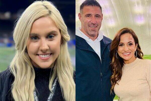 Split image: left shows a smiling blonde woman wearing a lanyard at a sports venue; right shows a smiling man and woman posing indoors.
