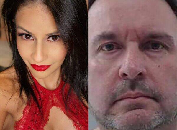 Left: woman with dark hair, bold red lipstick, wearing a red lace top; right: close-up of a man with a gray stubble beard and tired expression.
