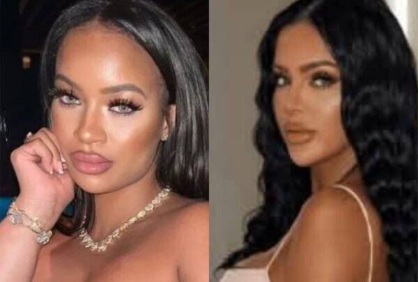 Two women pose for a split-image portrait: left lady with shoulder-length dark hair, makeup, jewelry; right lady with long wavy black hair and a light dress.