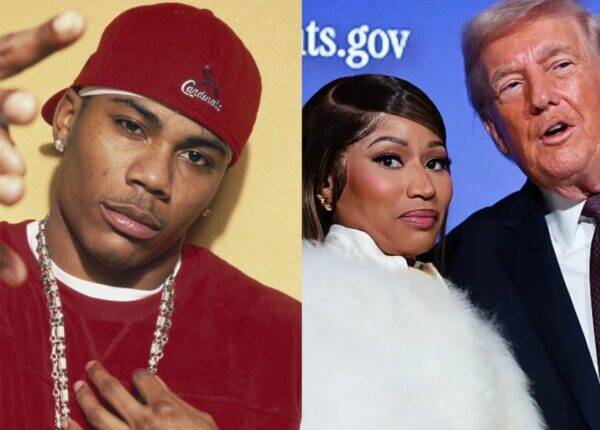 Left: a male rapper wearing a red cap and red shirt, pointing toward the camera, with a gold backdrop. Right: a woman in a white fur coat and a man in a suit posing together at a public event against a blue background.