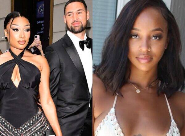 Split-image: Left side shows a woman in a black halter gown with a jeweled belt posing beside a man in a black tuxedo; right side shows a woman with shoulder-length dark hair wearing a white bikini top and a small necklace.