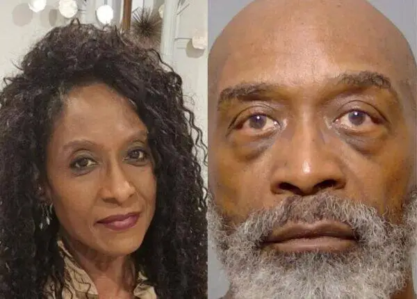 Side-by-side photos: woman with curly black hair and light makeup on the left; man with a gray beard and balding head on the right.