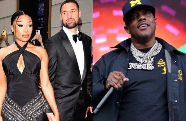 Woman in a black halter gown walking beside a man in a black tuxedo on a red carpet; right panel shows a male rapper on stage wearing a cap, heavy chains, and a microphone.