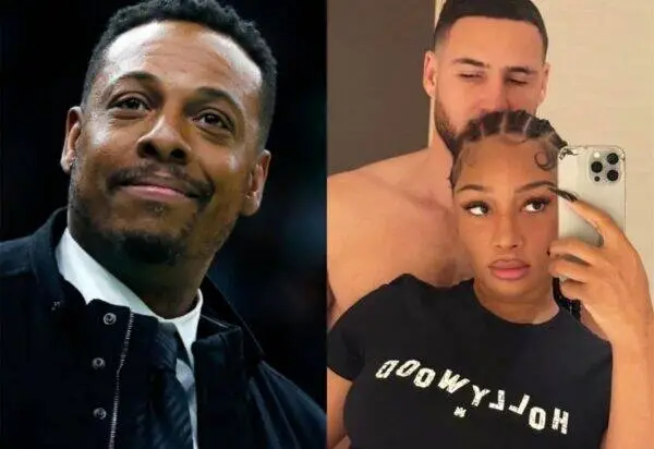 Split image: left a smiling man in a suit; right a woman taking a mirror selfie with braided hair, wearing a 'HOLLYWOOD' shirt, with a shirtless man behind her