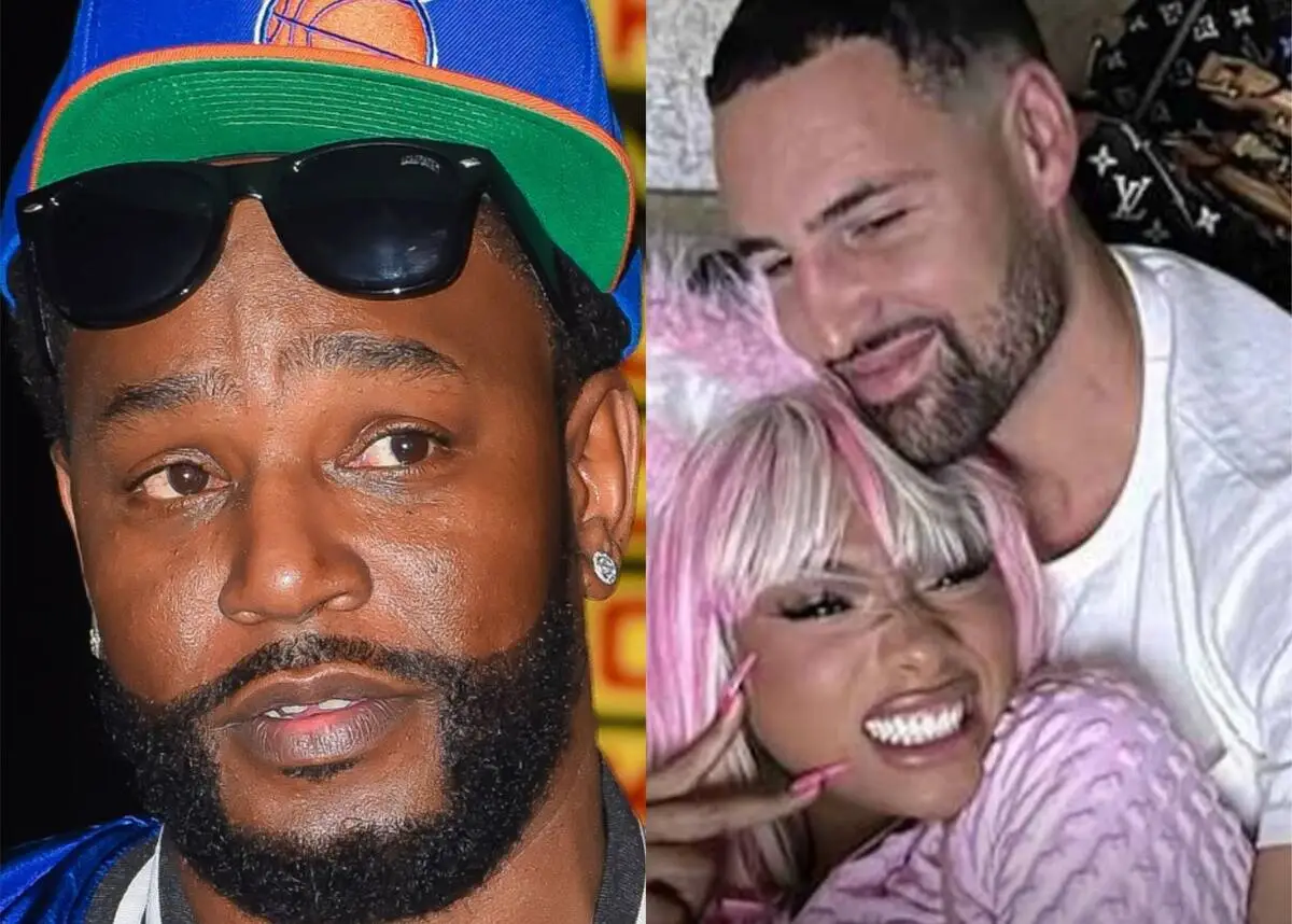 Two side-by-side photos: left shows a man with a blue cap, sunglasses, and beard; right shows a man with a white shirt leaning toward a smiling woman with pink hair.