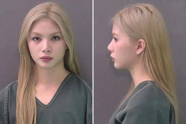 Mugshot showing a young woman with long blond hair wearing a dark gray shirt, facing forward and in profile (two-panel image).