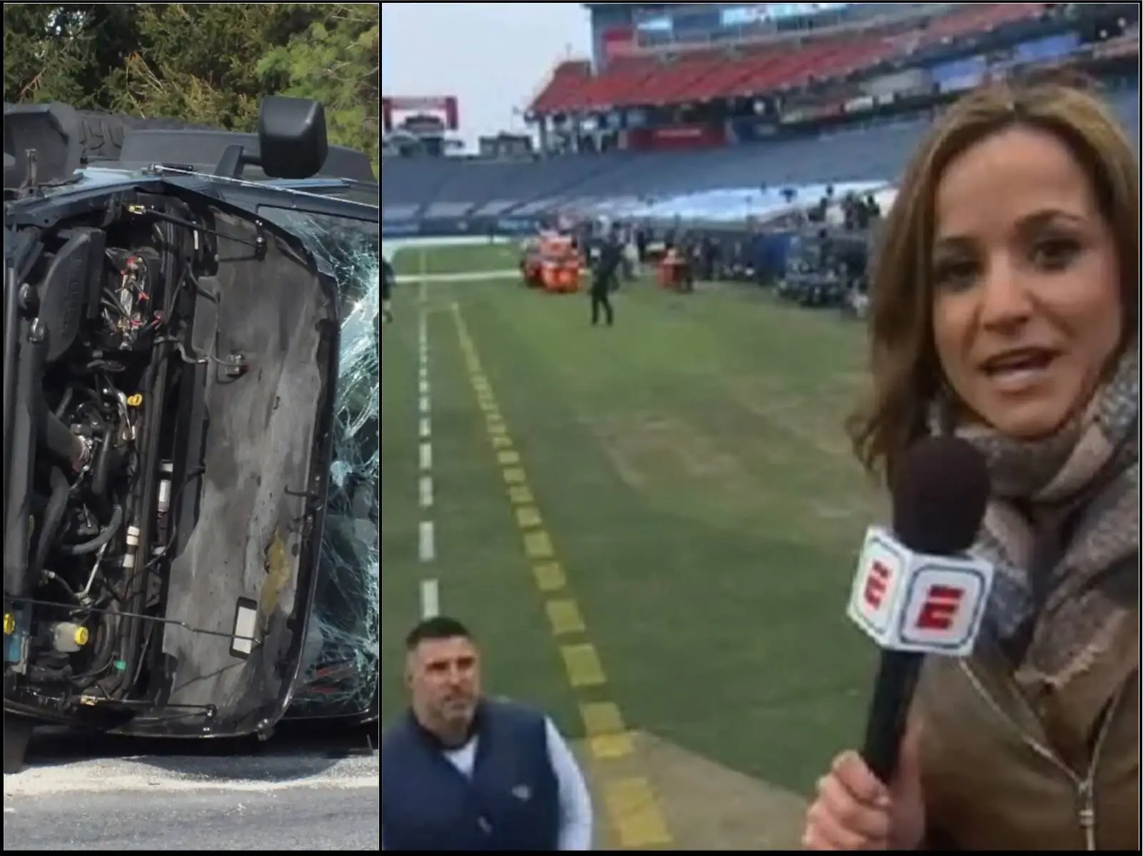 Split-screen collage: left side shows a severely damaged car with exposed engine; right side shows a female reporter with a microphone at a sports stadium field.